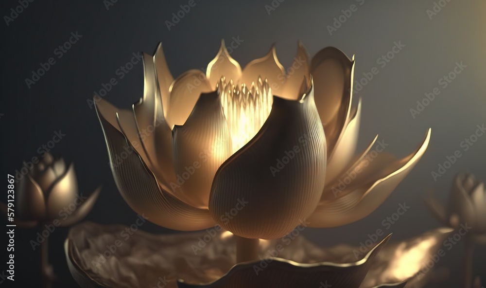  a large golden flower is in the middle of a dark room with a light shining on the petals and the pe
