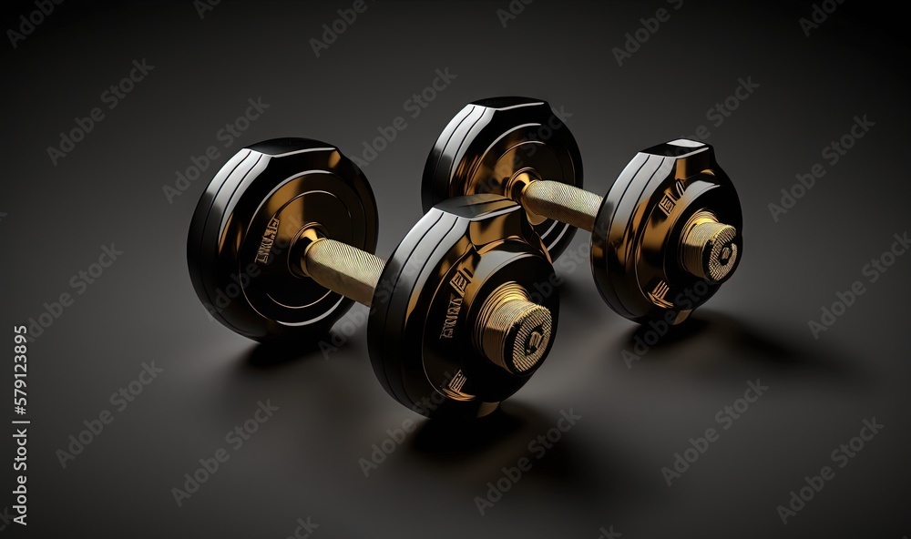  three black dumbbells on a black background with a gold colored handle and two black dumbbells on a