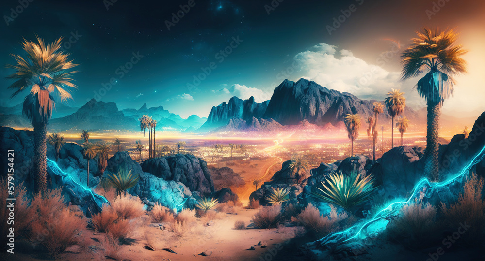 Palm trees in the desert with mountains on background. Neon colored synthwave landscape. Generative 