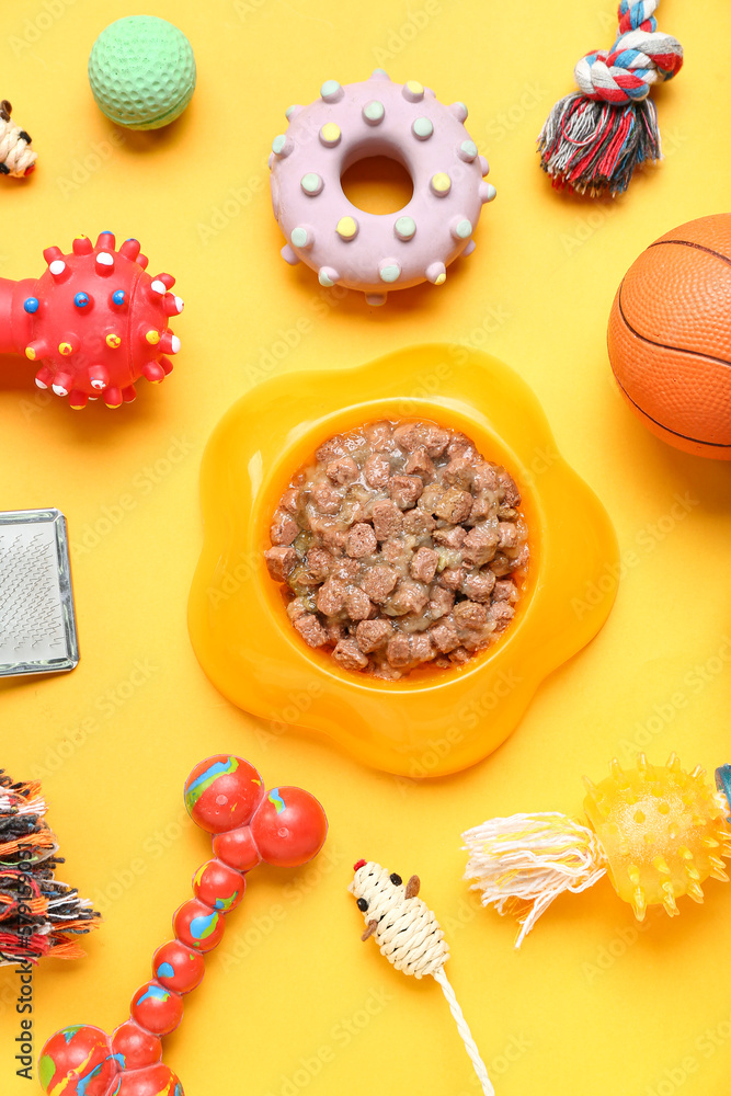 Composition with pet care accessories and bowl of wet food on color background