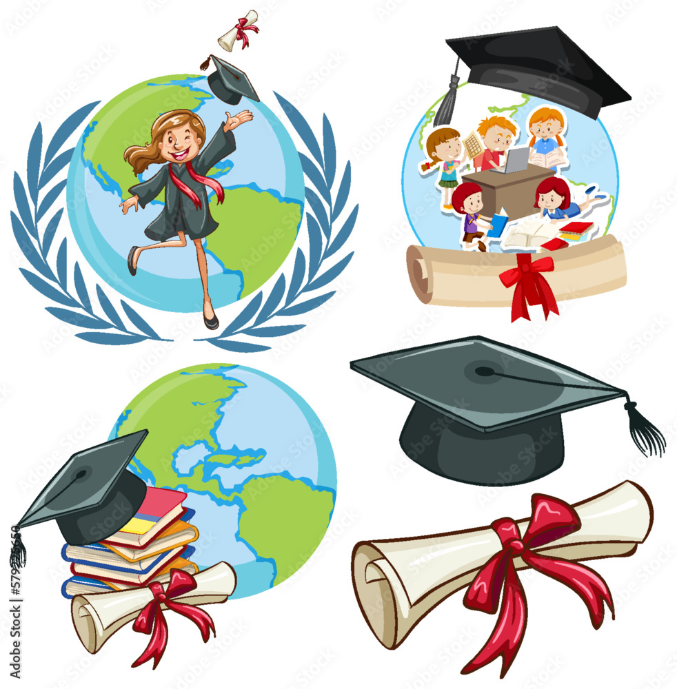 Earth Graduation Cartoon Icons Set