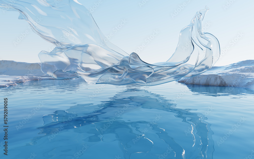 Rippled lake with transparent flowing cloth, 3d rendering.