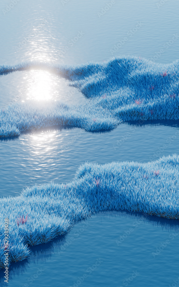 Blue grassland with lakes, 3d rendering.