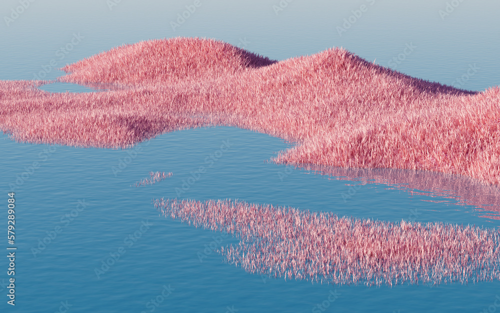 Pink grassland with lakes, 3d rendering.