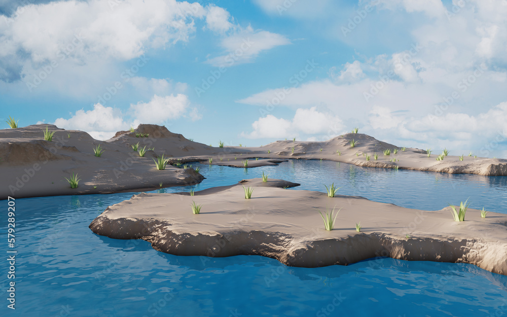 Barren land and lakes, 3d rendering.