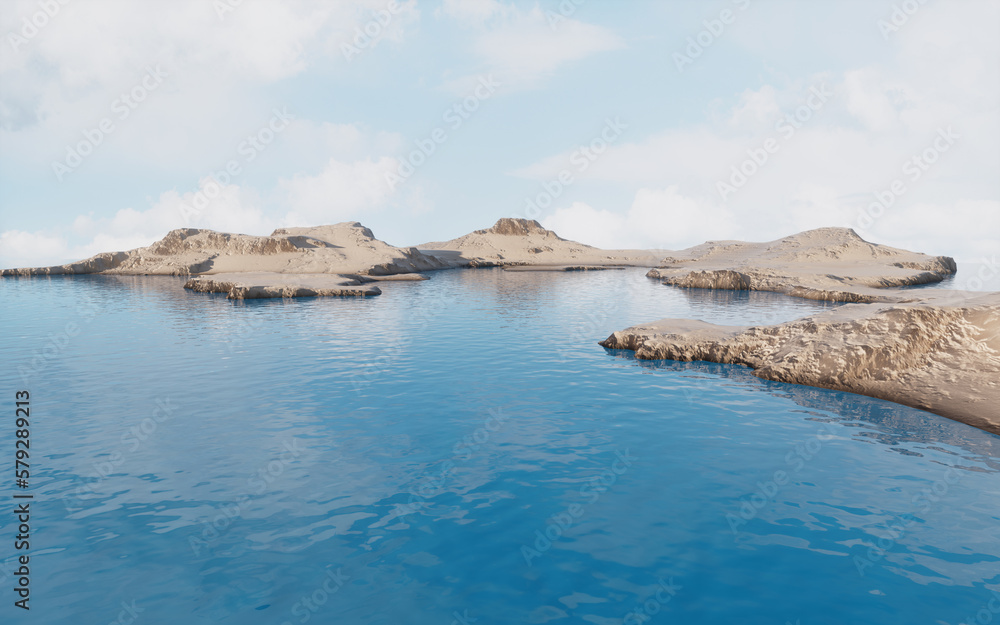 Barren land and lakes, 3d rendering.