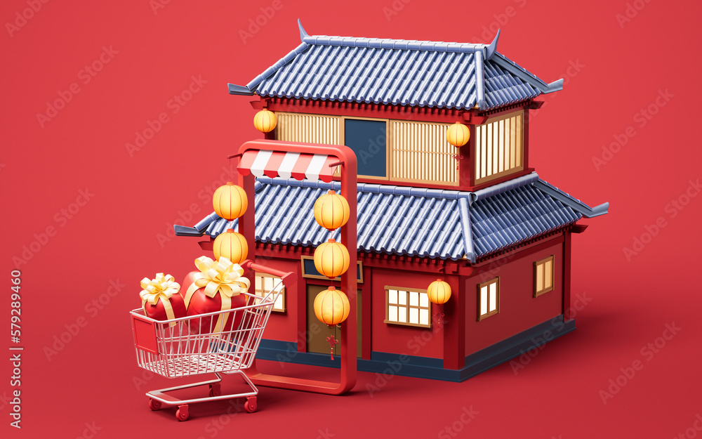Chinese ancient building with retro style, 3d rendering.