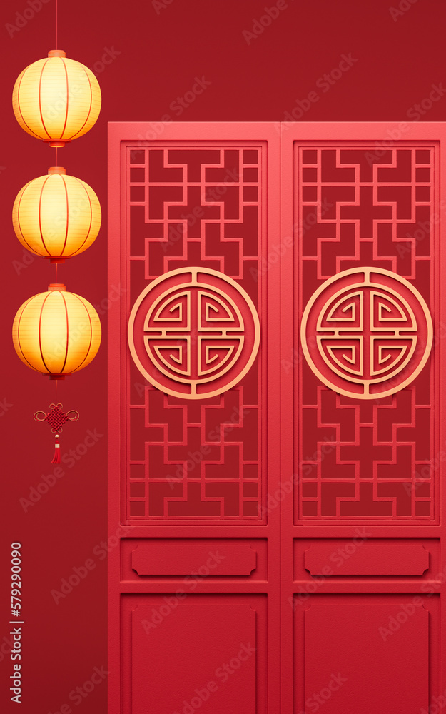 Ancient Chinese door with glow lanterns, 3d rendering.