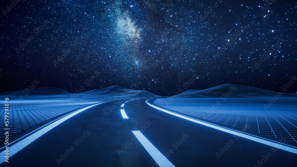 Highway road with digital space background, 3d rendering.