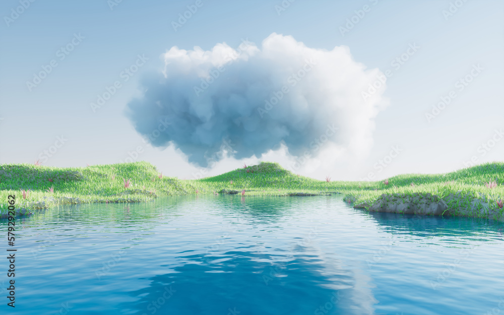 Green grassland and lakes with cloud floating, 3d rendering.
