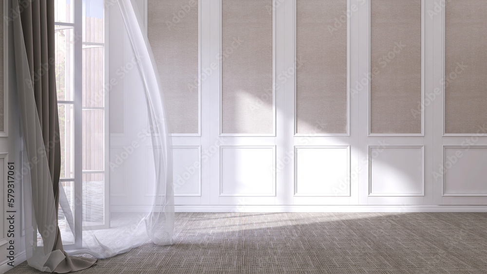 Empty luxury white wainscot wall room, folding glass panel door to backyard, blowing sheer curtain o