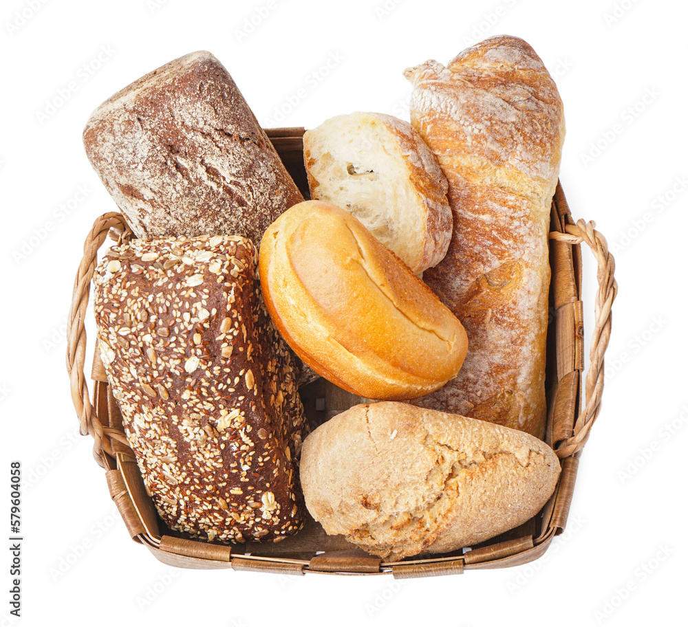Basket with loaves of different bread isolated on white background