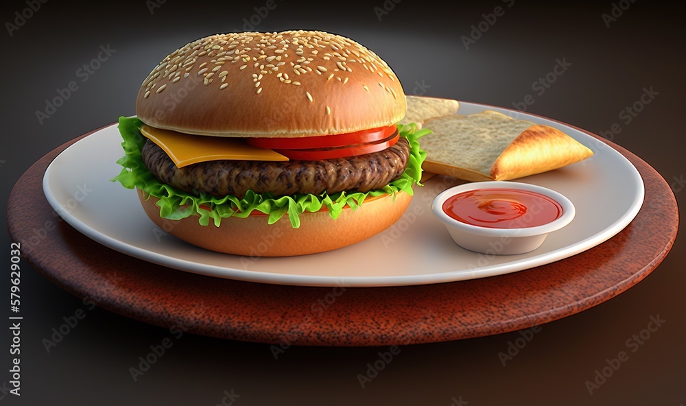  a hamburger with lettuce, tomato, and cheese on a plate with a side of bread and a small bowl of ke
