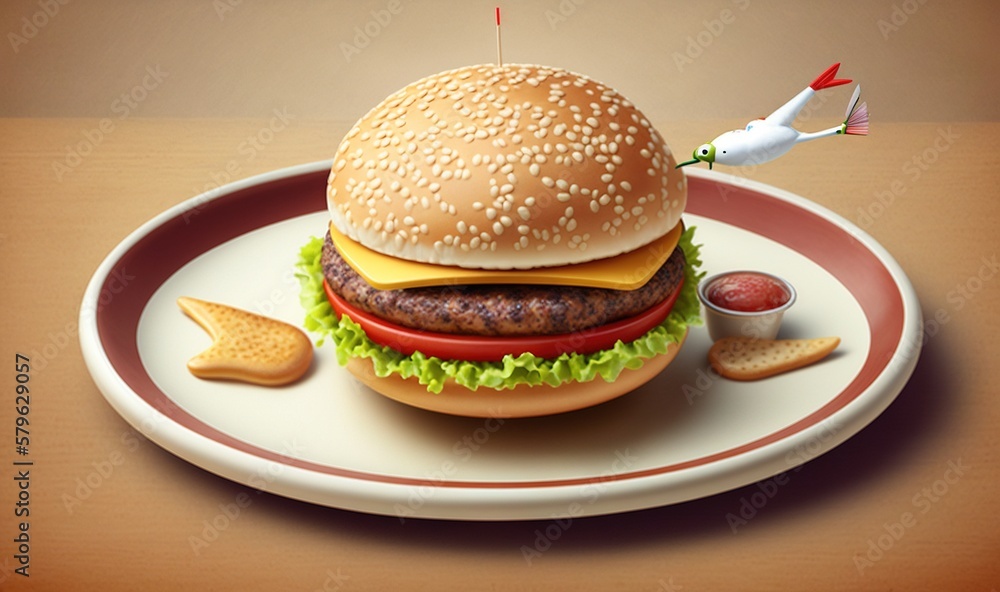  a hamburger on a plate with ketchup, mustard, and a rocket ship on top of the plate and a little bi