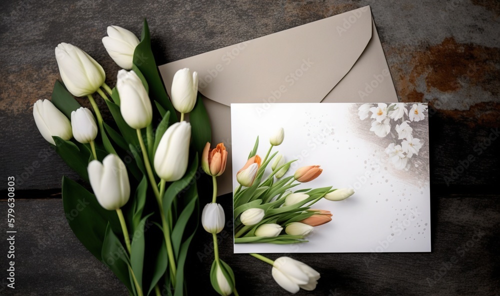  a bouquet of tulips sits next to a card on a wooden table next to a white envelope with a white and
