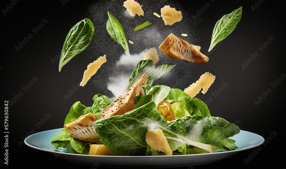  a plate of food with spinach leaves and fish being tossed with salt and pepper on a black backgroun