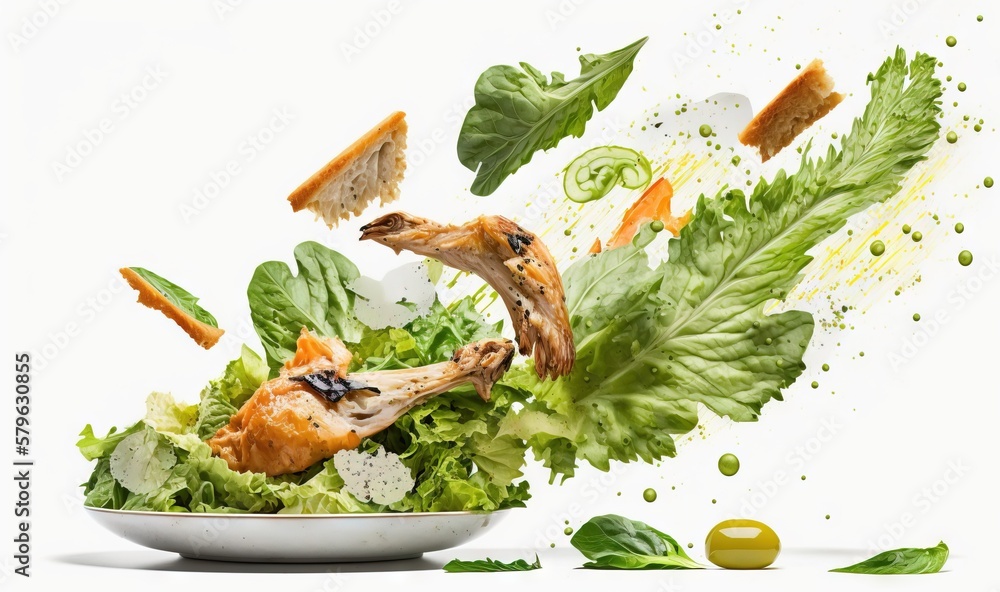  a salad with chicken and vegetables flying out of the salad in a bowl on a white background with gr