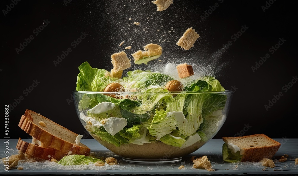  a salad with lettuce and croutons is being tossed into the air by a slice of bread on a table with 