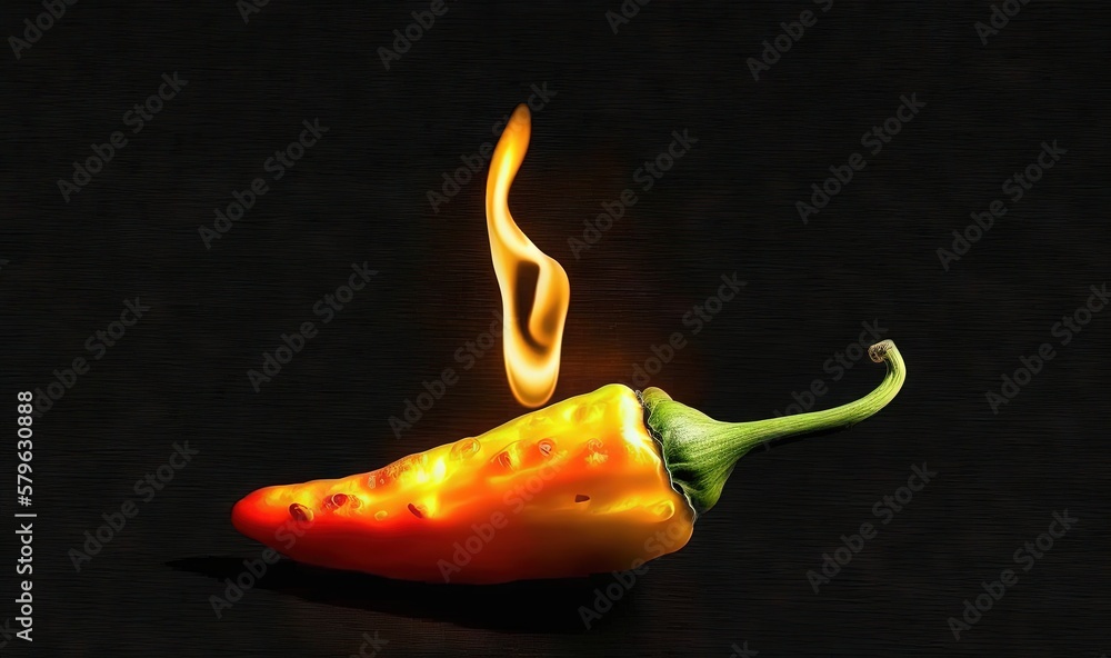  a red and yellow hot pepper with a flame coming out of its end on a black background with a black 