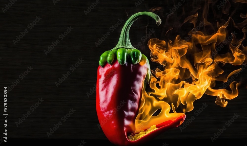  a red hot chili pepper with a flame on its side, on a black background, with a black background, w