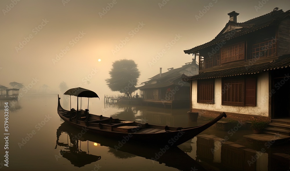  a boat floating on top of a lake next to a building with a sun in the background and a person holdi