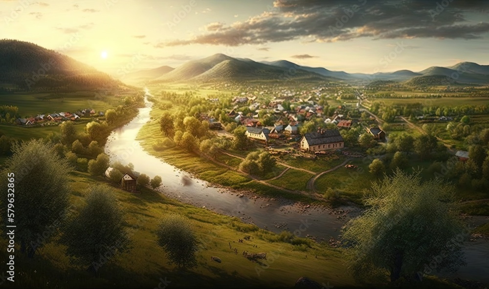  an aerial view of a small town and a river in a valley with mountains in the background at sunset o