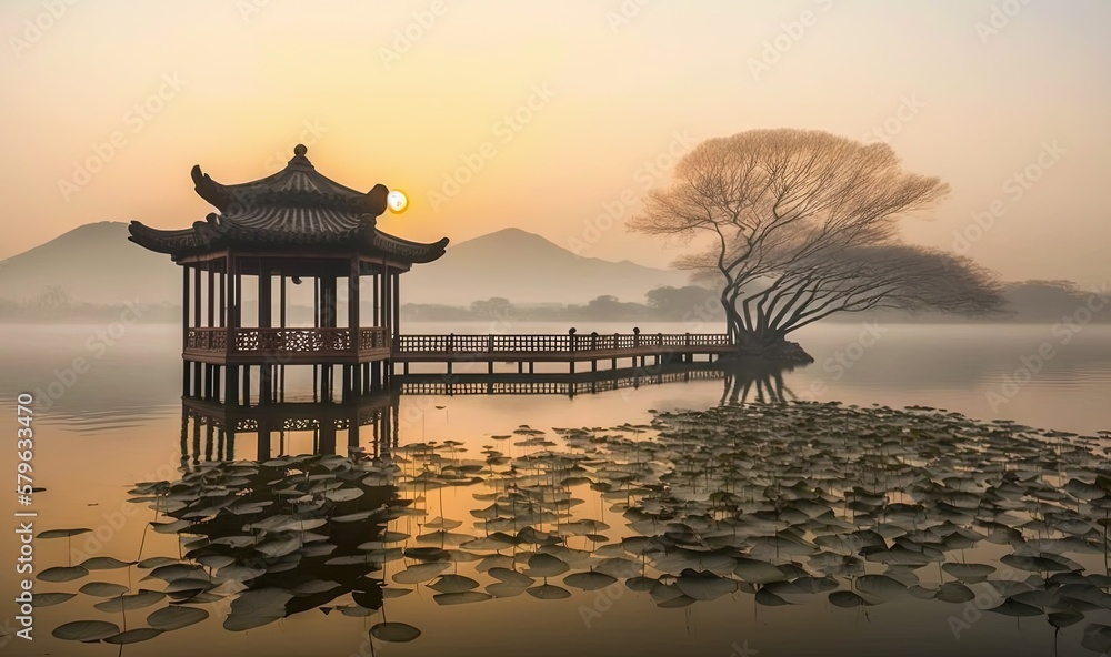  a pagoda sits on a lake with lily pads in the foreground as the sun rises over the mountains in the