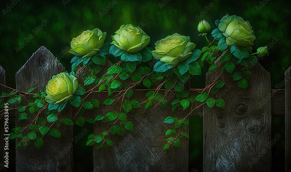  a painting of yellow roses on a fence with green leaves on the top of the fence and the bottom of t