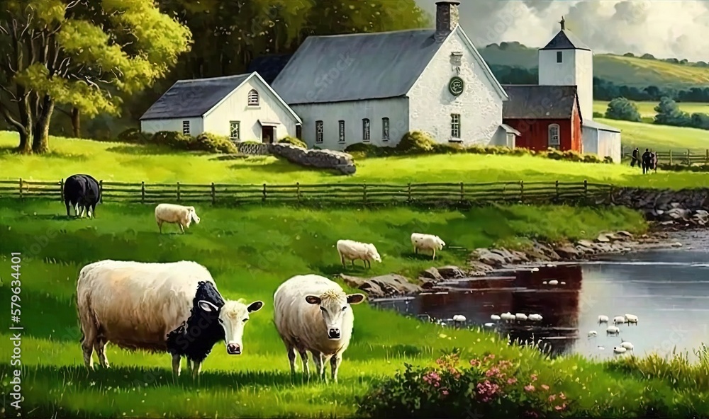  a painting of a herd of sheep grazing in a field next to a lake and a church with a steeple in the 