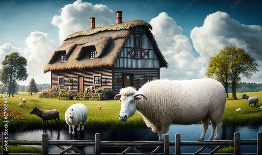  a painting of a farm house with sheep by a pond and a house with a thatched roof and a thatched roo