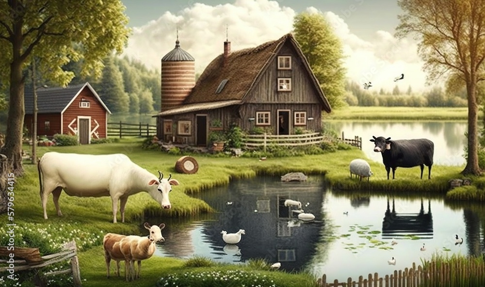  a painting of a farm scene with cows, ducks, and ducks in the water and a barn and silo in the back