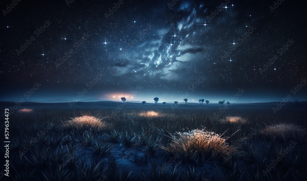  a night sky with stars and a field of grass with trees in the foreground and a field of grass in th