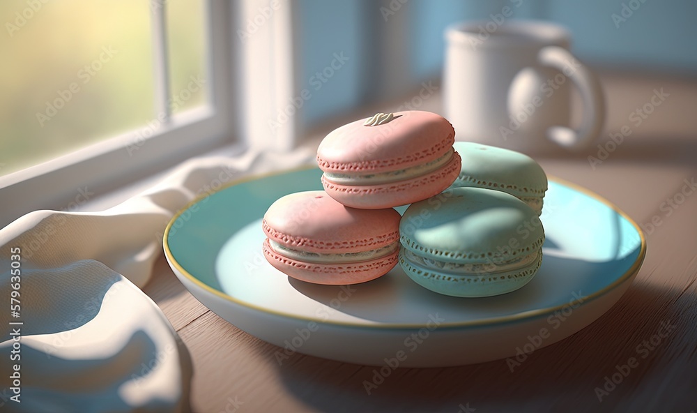  a plate with three macaroons on it next to a cup of coffee and a window with a white curtain behind