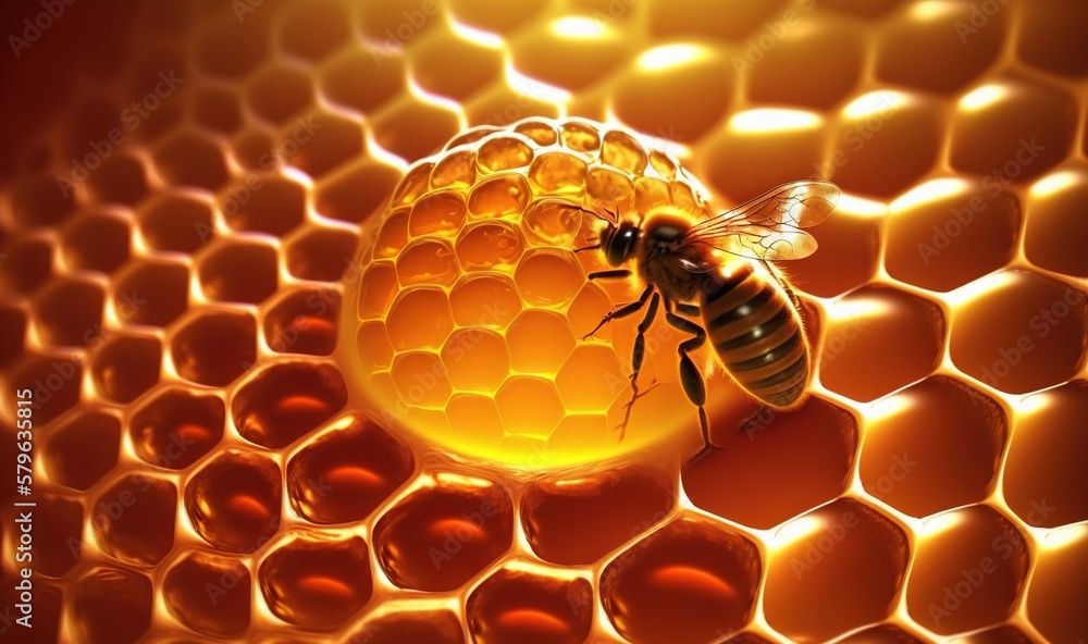  a honeybee on a honeycomb with a bright light shining on the honeycombs behind it and a honey in th