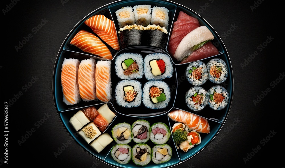  a plate of sushi is shown with chopsticks and chopsticks in it on a black surface with a black back