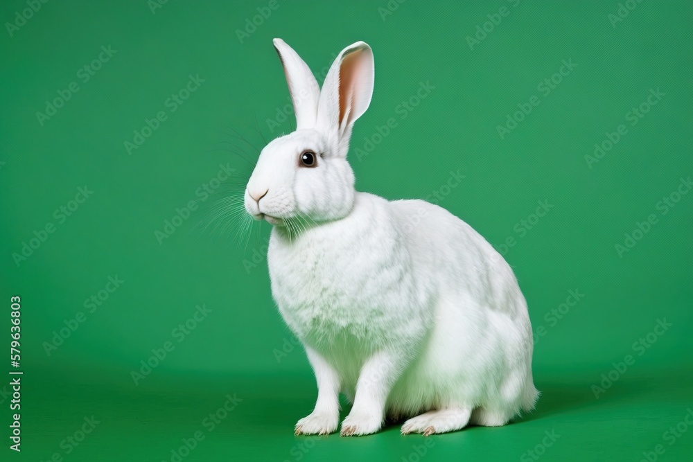 a white rabbit sitting on top of a green background in front of a green background with a white rab
