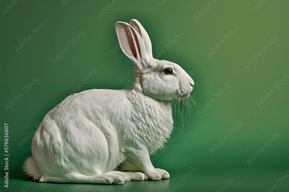  a white rabbit sitting on top of a green surface next to a green wall and a green wall behind it is