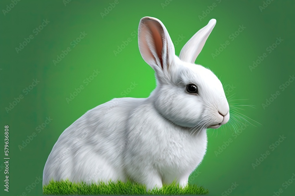  a white rabbit sitting on top of a green grass covered field with a bright green back ground and a 