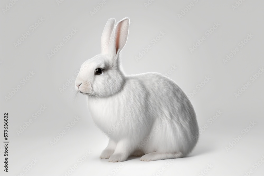  a white rabbit sitting on top of a white floor next to a white wall with a black eye and a white ba