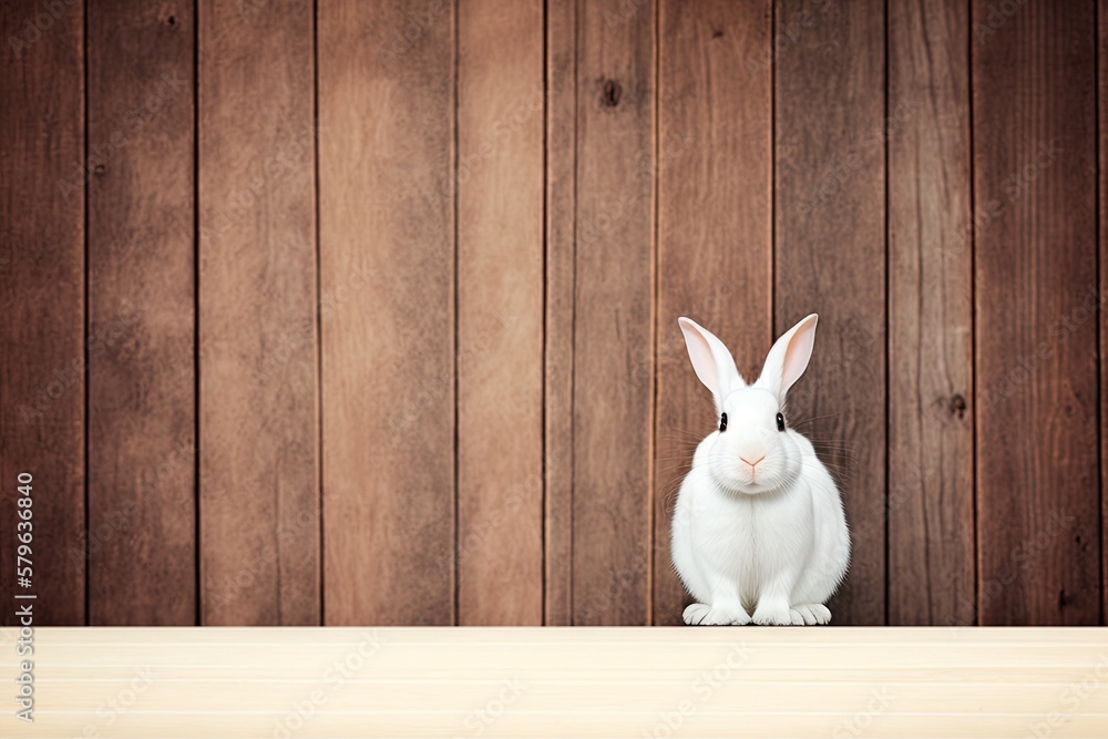  a white rabbit sitting on top of a wooden table next to a wooden wall with a wooden planked wall be