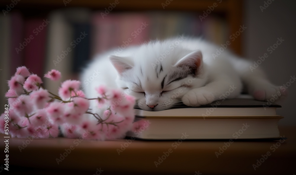  a white kitten sleeping on top of a book next to a pink flower and a book on a wooden table next to