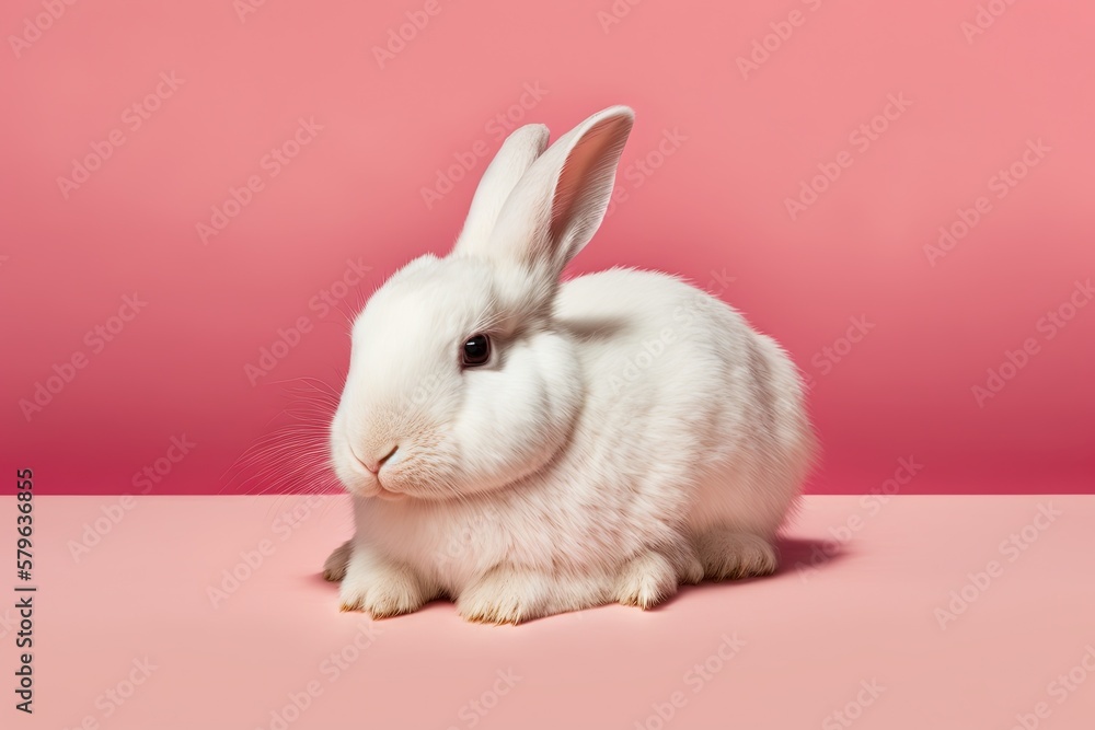  a white rabbit sitting on top of a pink table next to a pink wall with a pink background and a pink