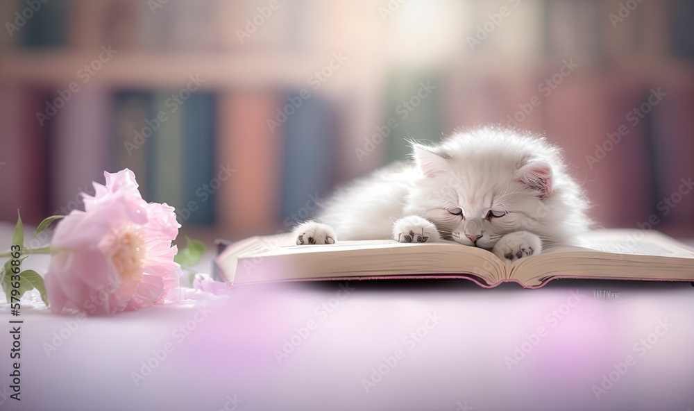  a white kitten laying on top of a book next to a pink flower and a book shelf filled with books and