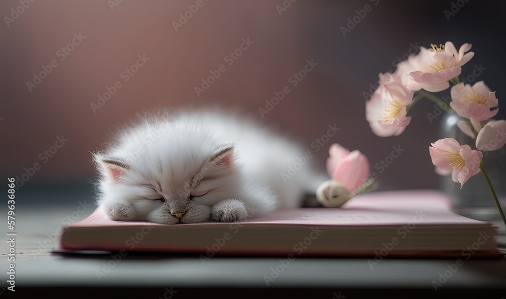  a white kitten sleeping on top of a book next to a vase of flowers and a pink flower stem on a tabl