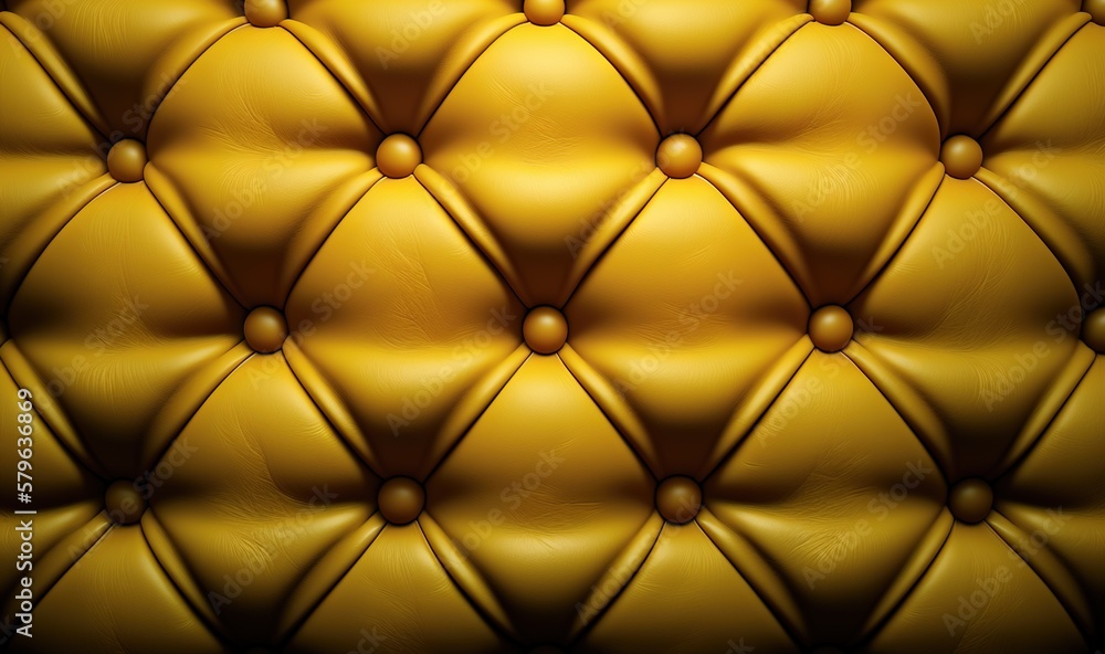  a close up of a yellow leather upholstered chair with rivets on the back of the seat and a buttoned