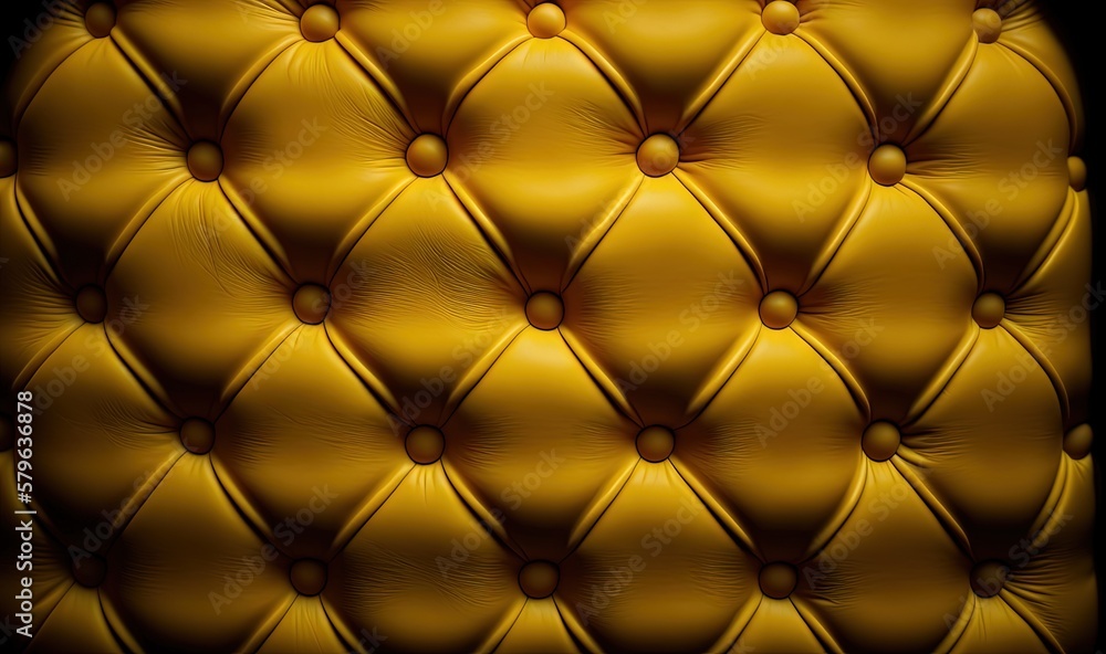  a close up of a yellow leather upholstered chair with rivets on the back of the seat and buttons on