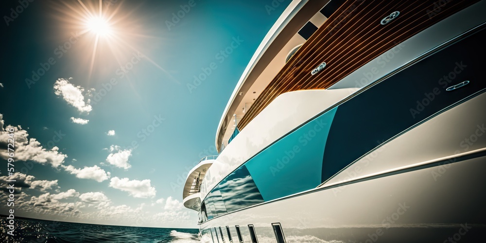 Low angle view on luxury yacht from the paradise turquoise ocean water surface. Sunny day in tropic 