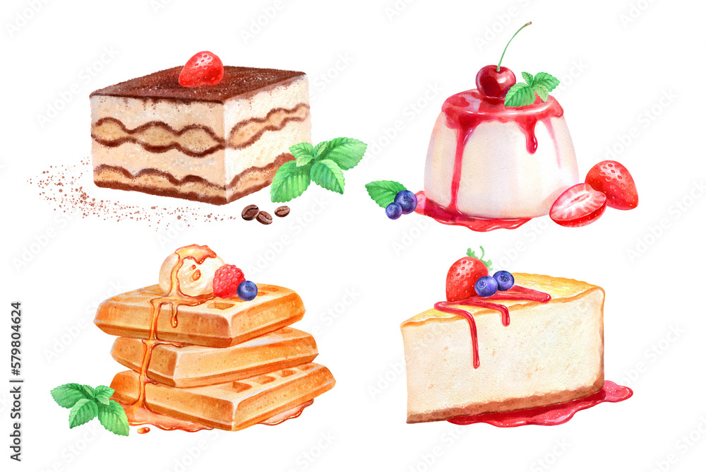 Hand painted watercolor illustration set of Desserts on white background