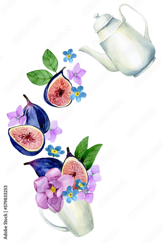 watercolor drawing. teapot and cup of tea with flowers and tropical fruits. figs and flowers