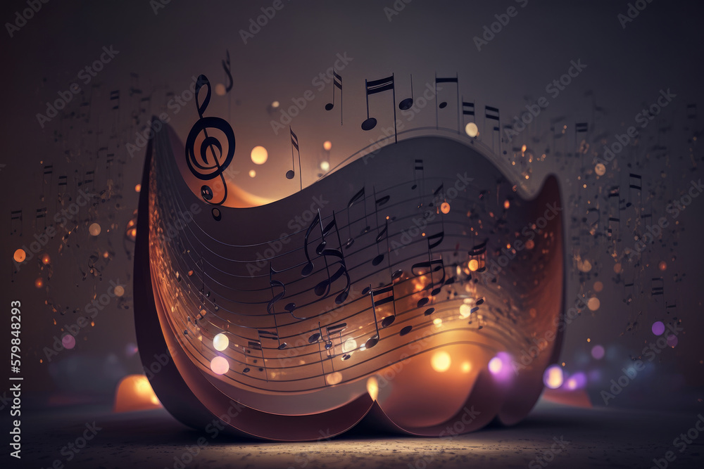 Colorful music notes background with sheet music, disc and treble clef. Illustration AI Generative